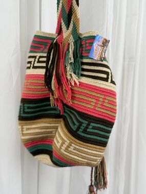 Woven Bucket Bag Fringe Drawstring Boho NWT
